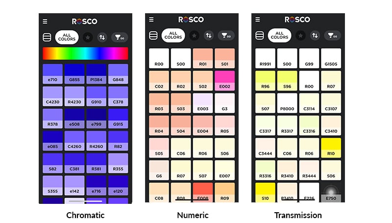 Examples of how to sort Rosco color filters chromatically, numerically, and by transmission using the myColor app.