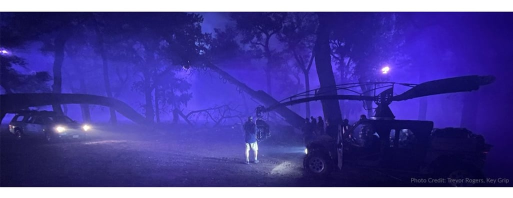 A filmmaker used purpled colored Gels on their film lights to create a stylized nighttime scene for a horror movie.
