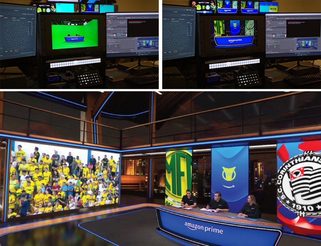 Quanta’s virtual broadcast studio painted with Rosco DigiComp HD green chroma key paint, alongside the final composited background imagery for Brazilian football coverage.