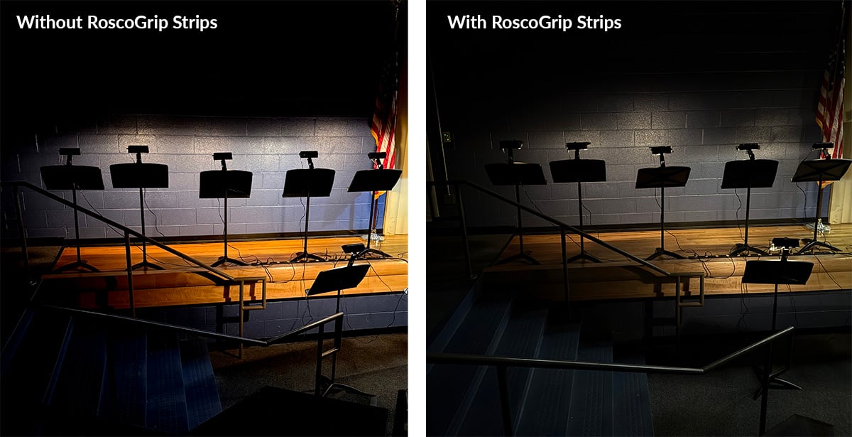 Side-by-side images of music stand lights with and without Rosco GripStrips.