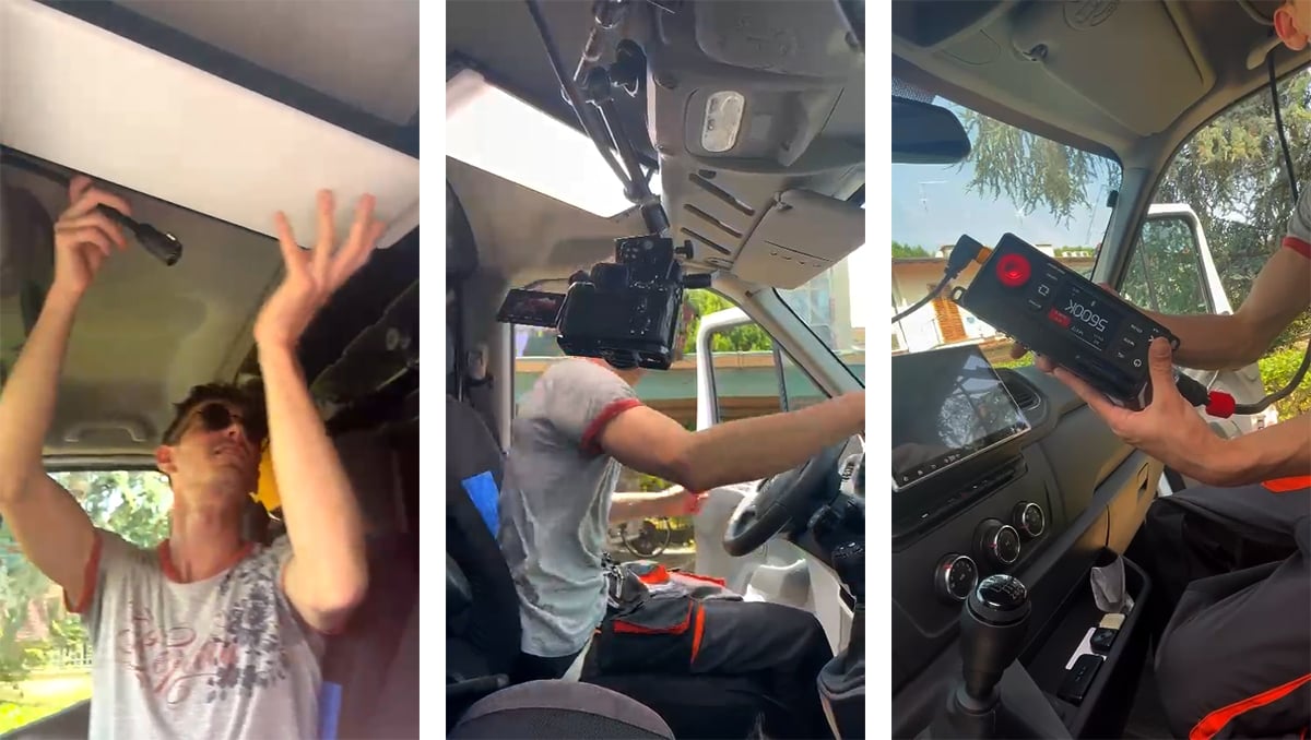 The DMG MINI is mounted on the roof lining inside a vehicle for a documentary shoot.