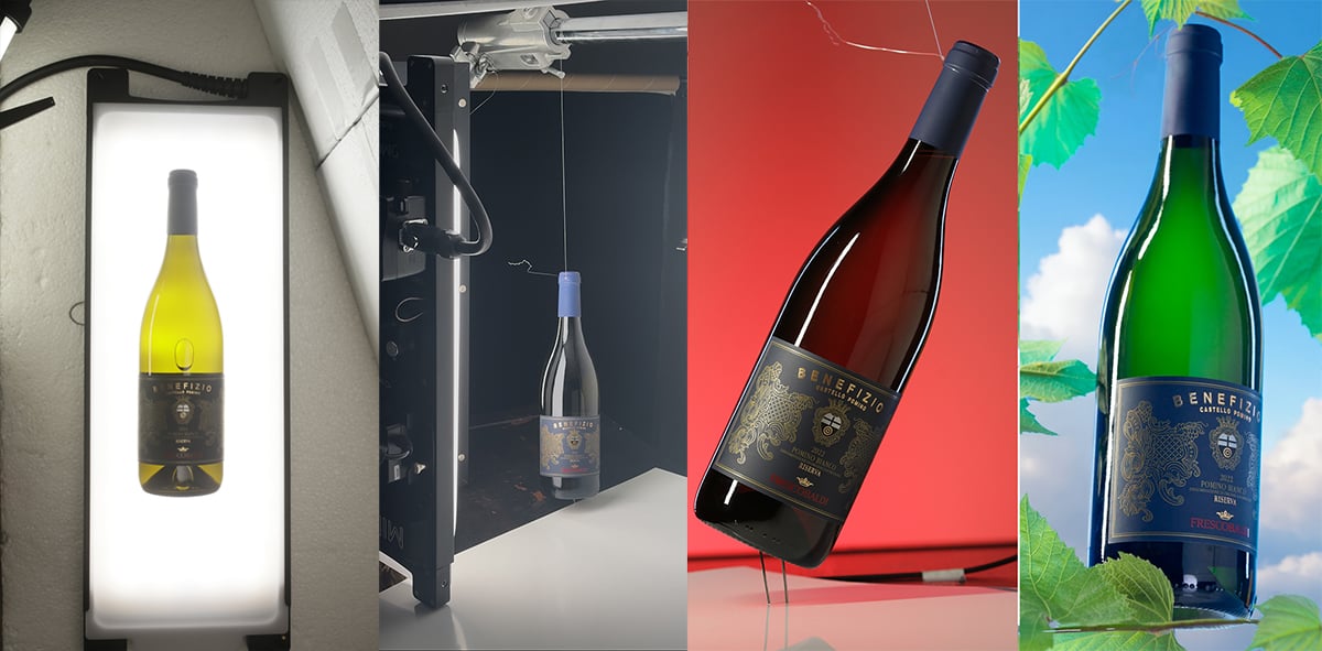 The DMG MINI fixture lights a bottle for product photography.