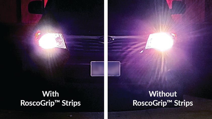 Side-by-side comparison of car headlights, one using Rosco GripStrips and one without.