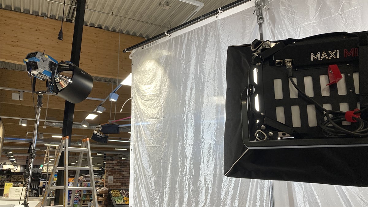 A Rosco DMG MAXI fixture plus a Quarter Grid diffuser creates alluring closeup lighting on the set of an Edeka commercial. 