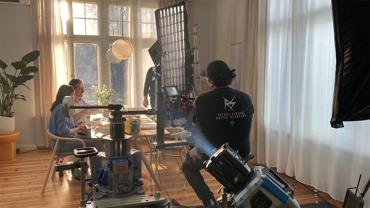 A Rosco DMG SL1 fixture creates artificial sunlight on set for a Golden Toast commercial.