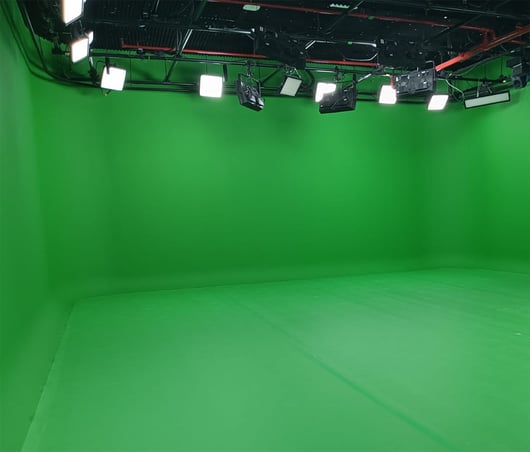 Al Arabiya Riyadh studio featuring Rosco Chroma Key Paint, Rosco Chroma Key Floor, and Rosco Chroma Gaff for virtual news production.
