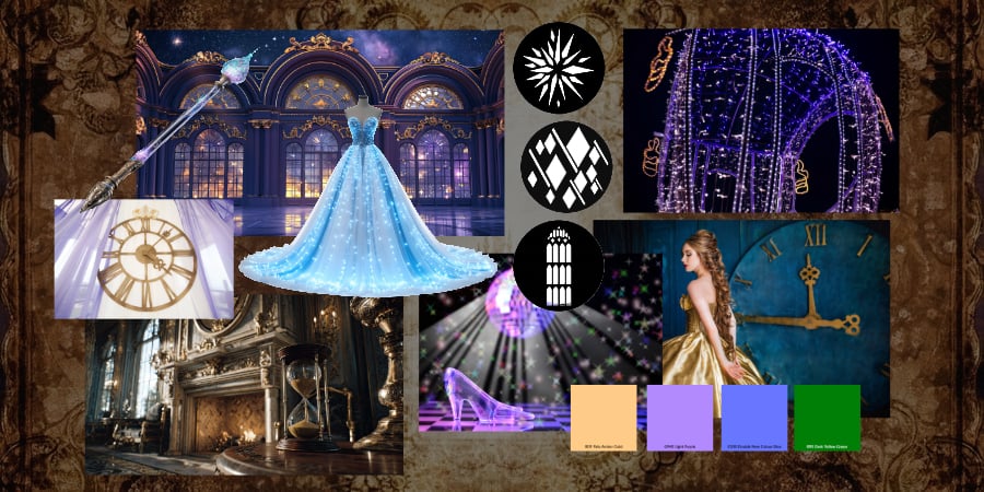 Stage design inspiration mood board for Cinderella.