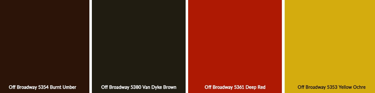 Cinderella stage design color palette featuring Rosco Off Broadway paints for creating Elizabethan-style homes on stage.