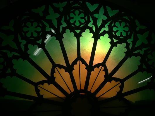Faux stained-glass scenic artwork created with Rosco paints and coatings for a theatre production.