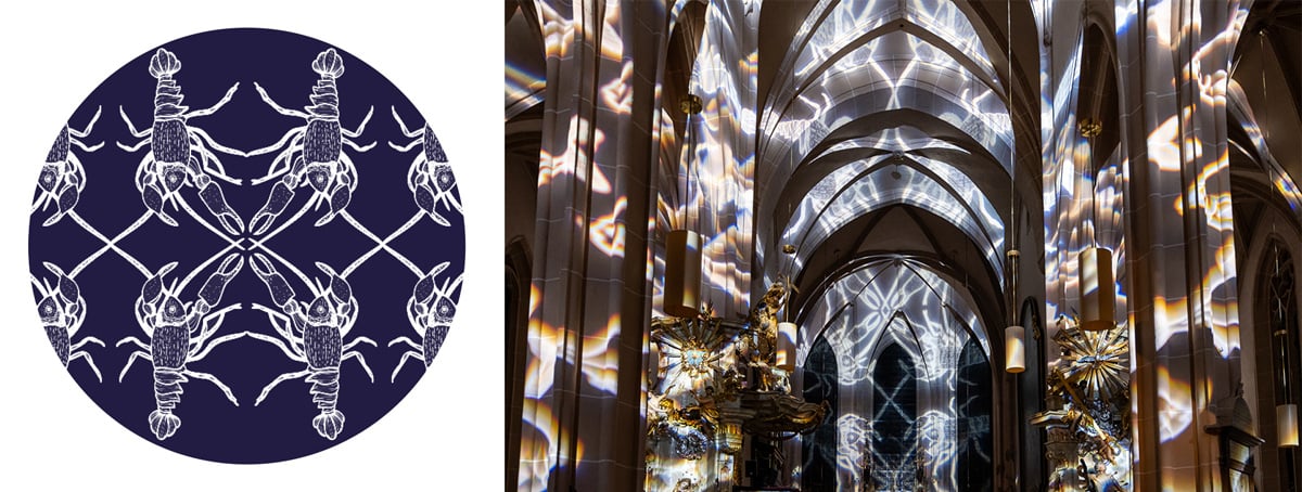 A Rosco Permacolor Dichroic glass filter was etched (Left) in order to project a pattern inside Saint Stephan church in Baden (Right).