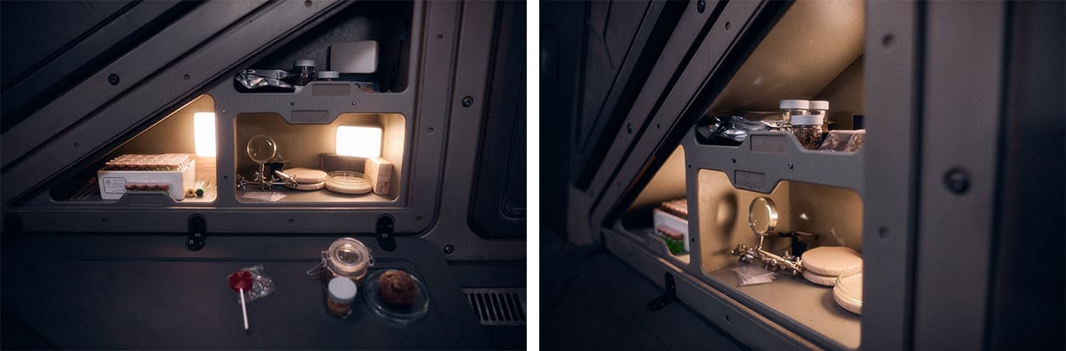 DMG DASH fixtures illuminate the recessed wall niches inside the spacecraft set. 