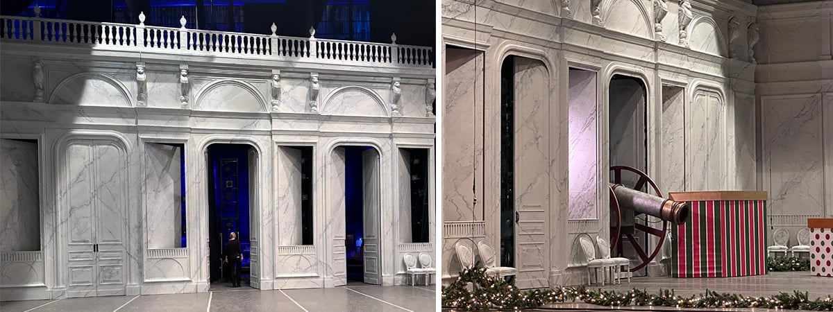 The photo on the left shows open panels inside a stage wall for Indiana University's production of the Nutcracker. The photo on the right shows how Rosco DMG DASH fixtures were used to illuminate those panels.