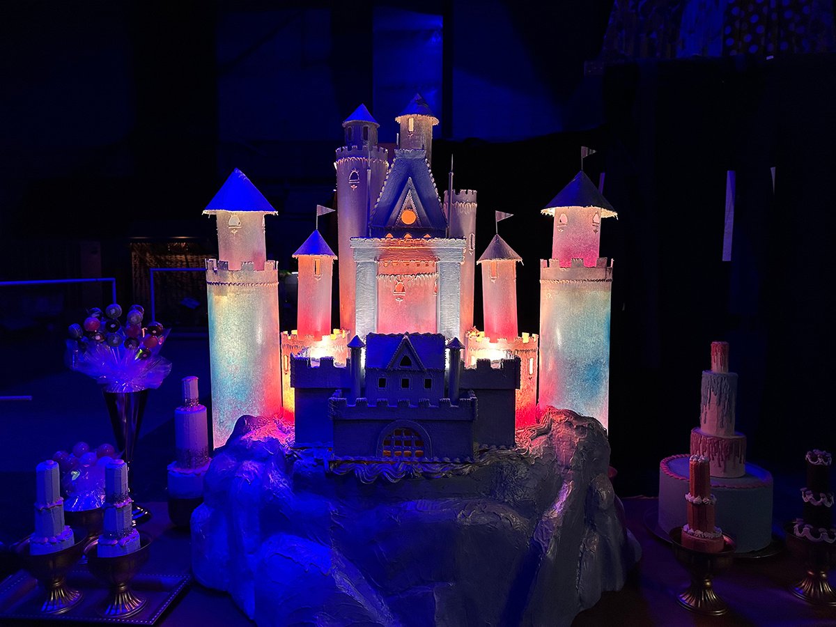 Hidden DMG DASH lights illuminate a prop cake shaped like a castle on stage for Indiana University's production of The Nutcracker.