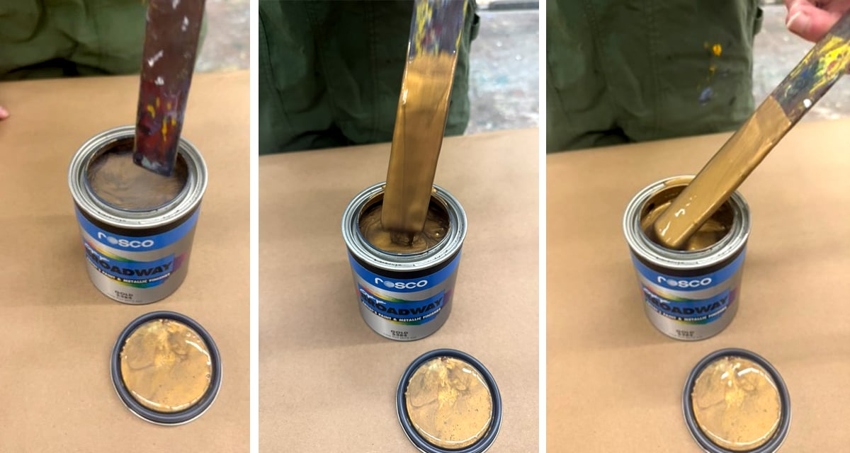 Three images of Rosco Off Broadway Gold paint: the can opened, paint being stirred, and paint fully mixed.