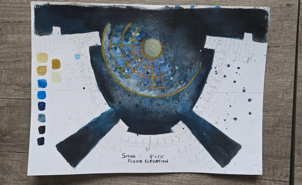 Illustration showing a fractured astronomer’s star chart created using Rosco Metallix for West Virginia University’s production of Sueño.