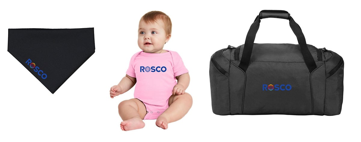 Rosco dog bandana, Rosco onesie and Rosco duffel bag from the Rosco Merch store.