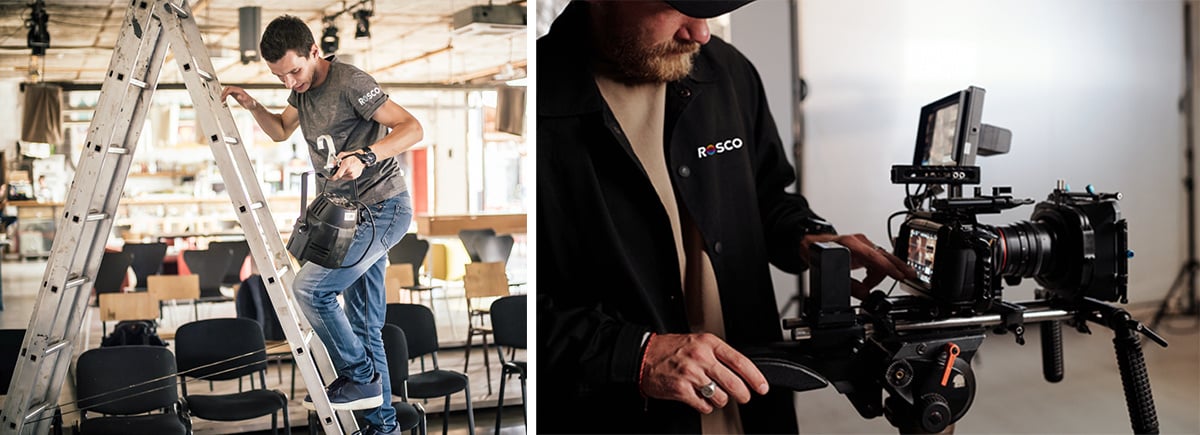 Left photo: a man wearing a Rosco T-shirt climbs a ladder carrying a stage lighting fixture. Right photo: a man wearing Rosco zip jacket adjusts a camera on a tripod.