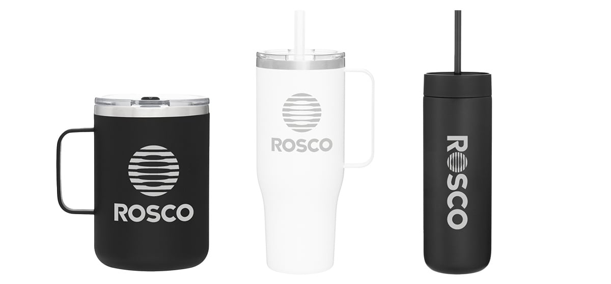 Rosco mugs and Rosco water bottles from the Rosco Merch store.