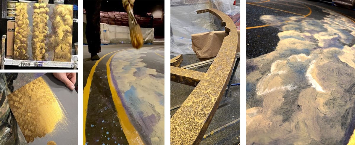 Four images showing a Rosco Metallix Pyrite Gold test sample, a gold star‑chart medallion inlay, fractured vertical arcs painted with Pyrite Gold and Van Dyke Brown to mimic hammered metal, and cloud forms with Pearl White accents.