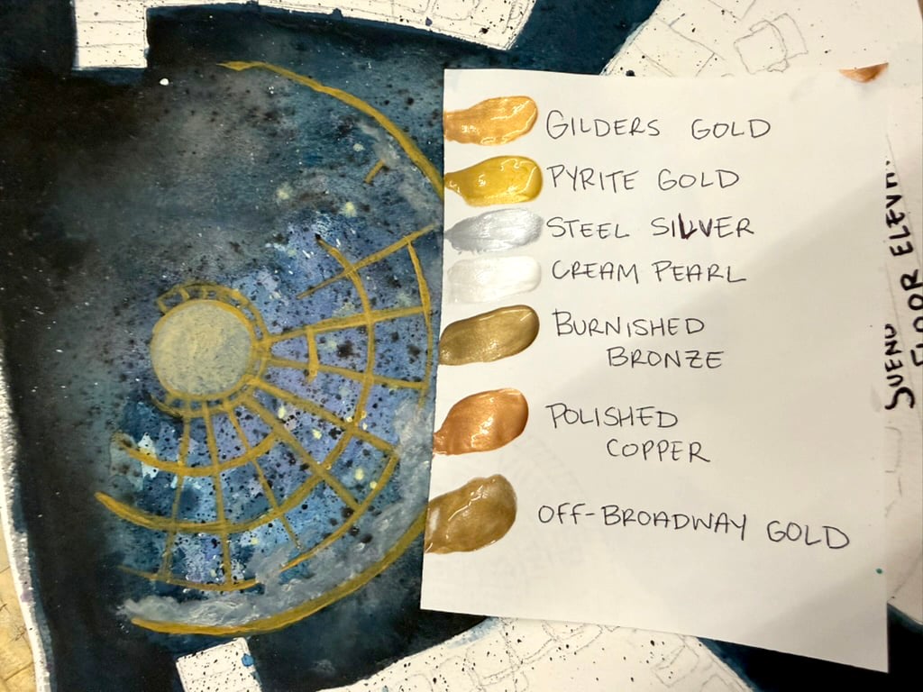 Star chart illustration alongside Rosco Metallix paint test samples.