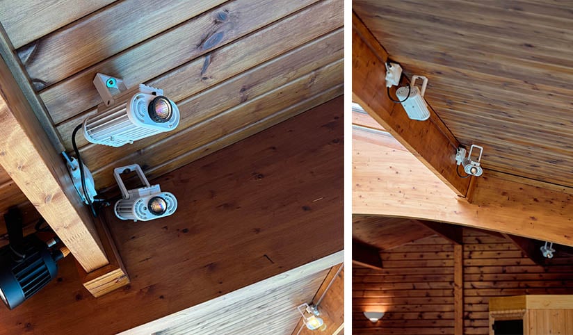 Unobtrusive white Image Spot HO fixtures blend seamlessly with the wooden ceiling.
