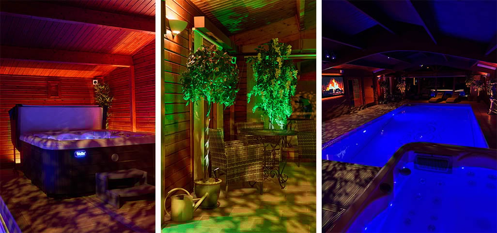 Image Spot HO gobo projections illuminate the poolside area, creating a sense of depth and tranquility. 