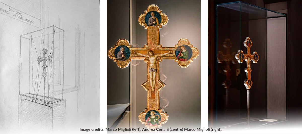 Raphael's Cross illuminated using Rosco OPTI-SCULPT lenses and correction filters inside its display case.