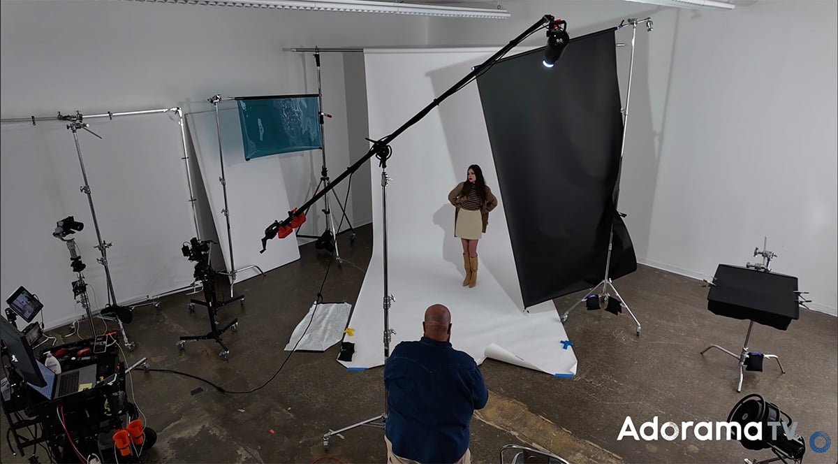 Studio beauty lighting setup featuring a large custom flag made with Rosco E276 Blackout material. 
