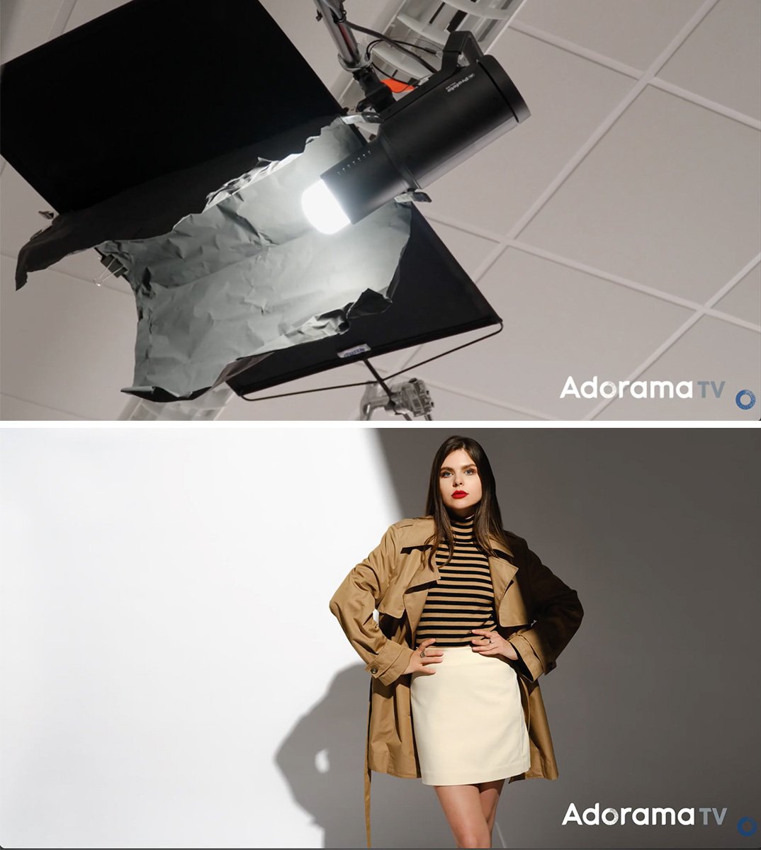 Studio setup showing a custom flag made from Rosco Blackwrap (top) and a portrait of a model with a deep slash of shadow cutting across the background (below).