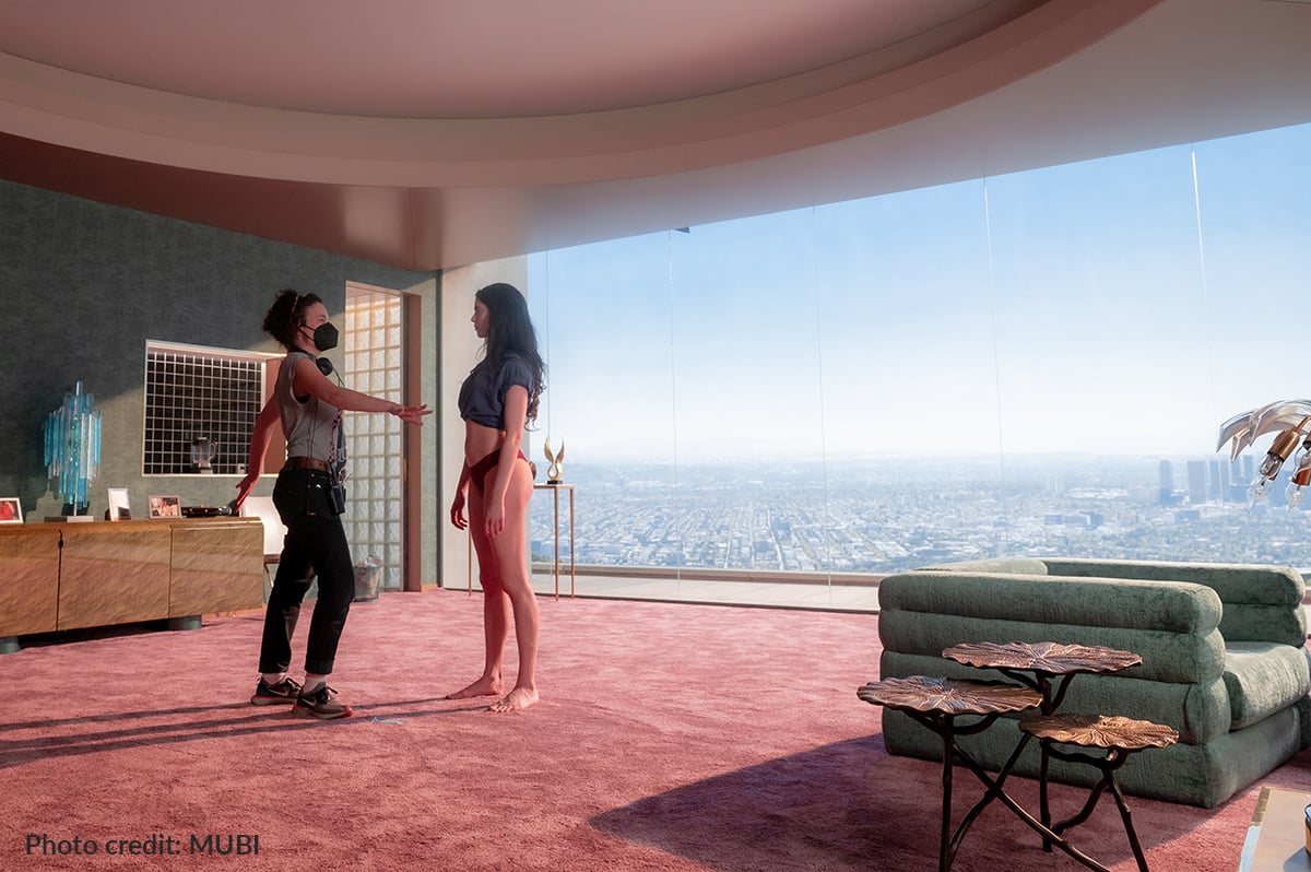 A Rosco Day/Night SoftDrop provides the panoramic window Los Angeles views seen outside Elisabeth’s home in The Substance.
