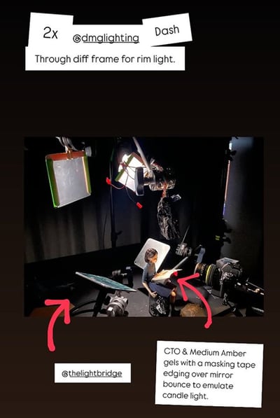 Stop motion lighting setup featuring a Rosco DMG DASH for rim light, and CTO & Medium amber gels to emulate candle light.