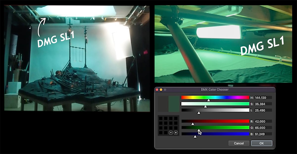 Stop motion lighting setup featuring Rosco DMG SL1 fixtures.