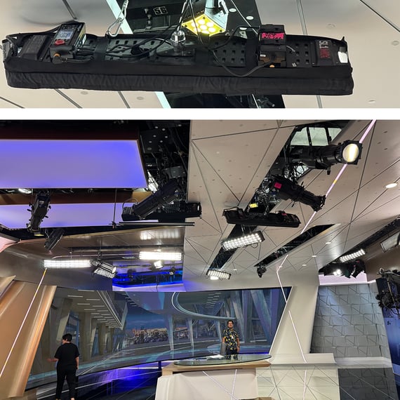DMG Lighting fixtures integrated into the overhead lighting grid delivers soft, even illumination across the presenter area at TelevisaUnivision’s Chapultepec studios.