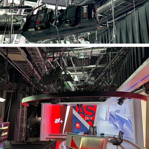 DMG Lighting fixtures suspended from the overhead lighting grid ensure soft, controlled illumination for a broadcast set at TelevisaUnivision Chapultepec.