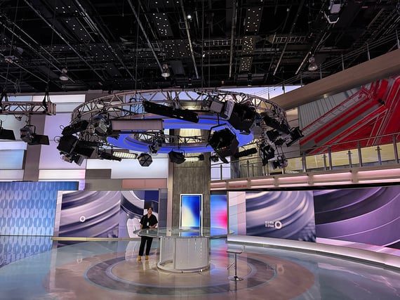 Rosco DMG Lighting fixtures integrated into a circular truss system above a broadcast set at TelevisaUnivision’s Chapultepec studios in Mexico City.