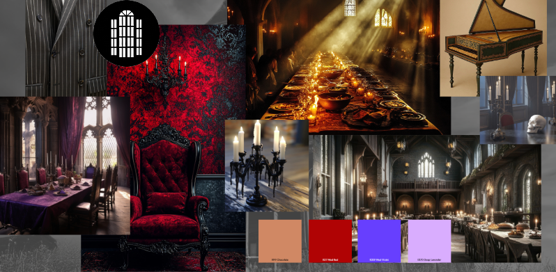 The Addams Family design palettes featuring Rosco Scenic Paints and Coatings.