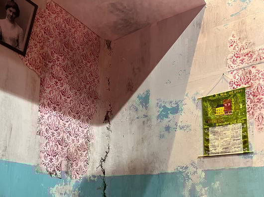 A realistic wallpaper was created with Rosco Supersaturated Magenta for the Uncle Vanya set design.