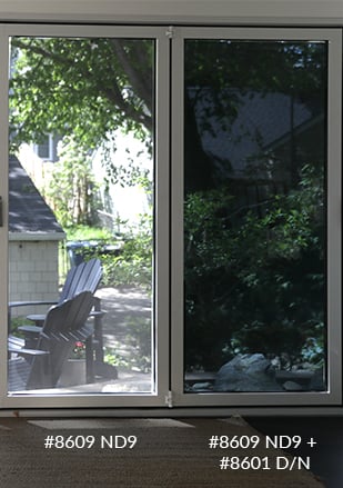 A window with two film filters applied: the left side has a WindoCling ND9 neutral density filter, while the right side has both an ND9 and a Day-for-Night (D/N) layer, showing the difference in light reduction and color tone between the two sides.
