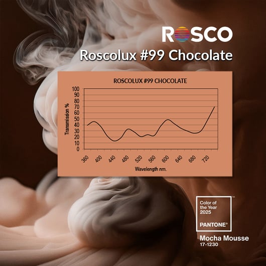 Roscolux #99 Chocolate is an excellent Rosco gel color match for Pantone's 2025 color of the year “Mocha Mousse.”