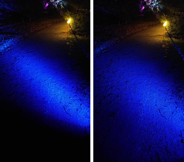 An image on the left shows an uneven beam with a noticeable hot spot, while the image on the right shows even lighting coverage provided by Rosco OPTI-SCULPT lenses.