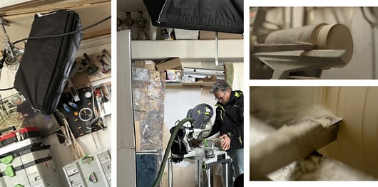 The DMG MINI light illuminates a person in the workshop during the documentary shoot.