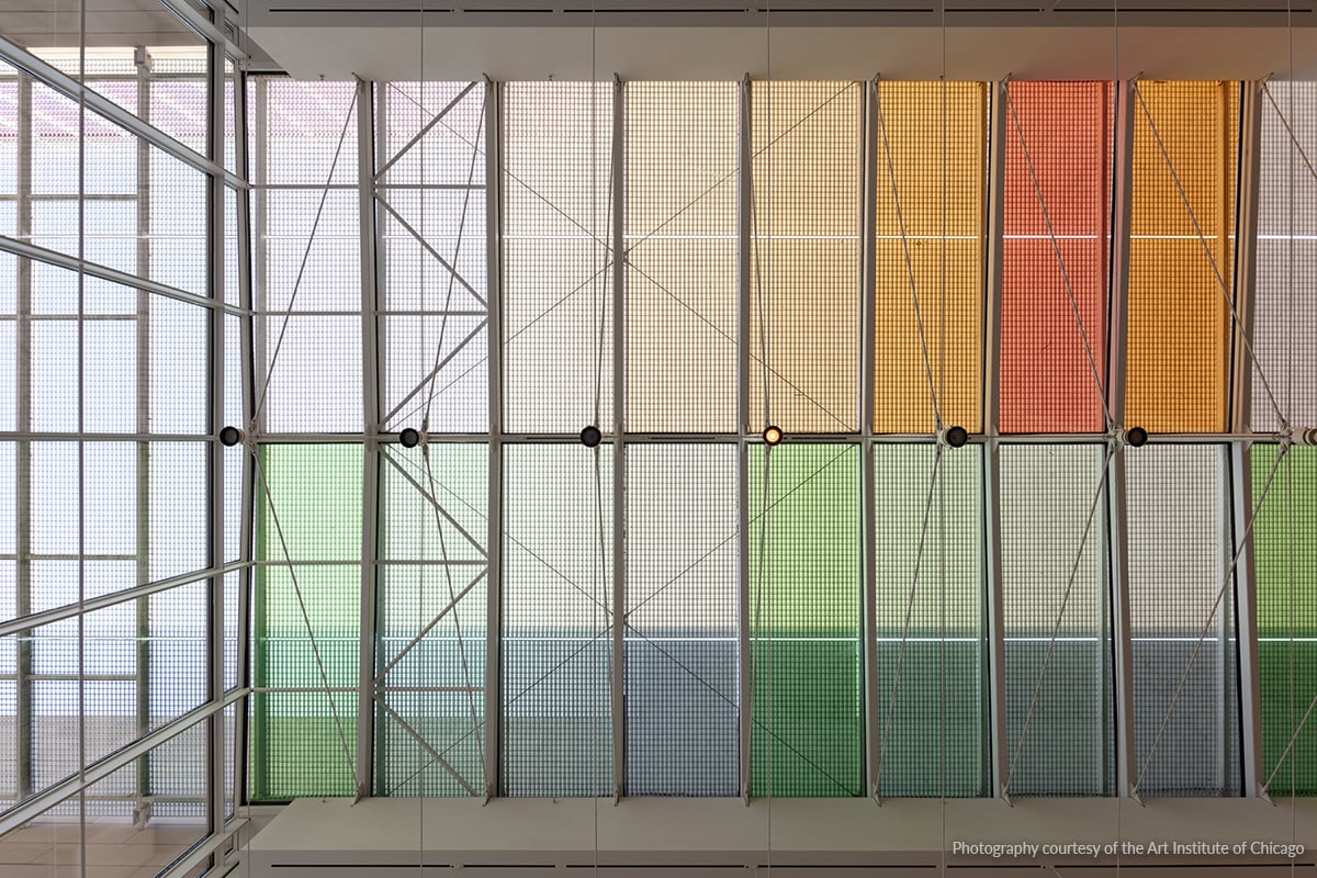 A clothe colored skylight panels inside the Art Institute of Chicago.