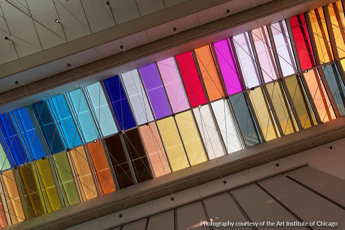 Rosco e-colour+ filters were adhered to several panels of a skylight inside the Art Institute of Chicago.