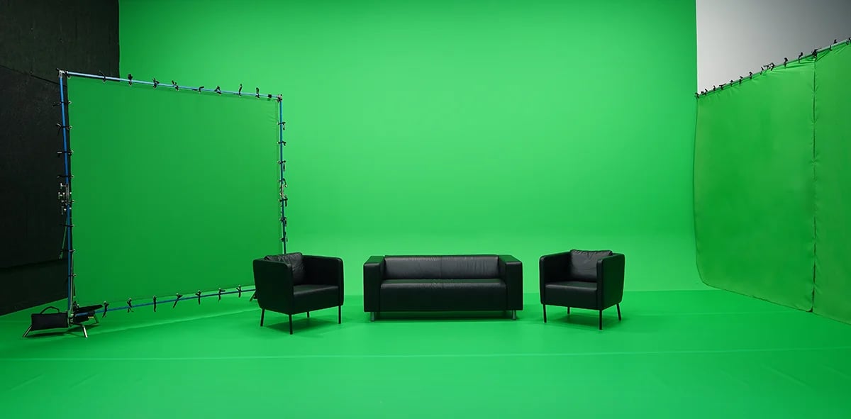 Chroma Key studio featuring Chroma Key System: green chroma key cyclorama, paint, floor & ChromaDrop.