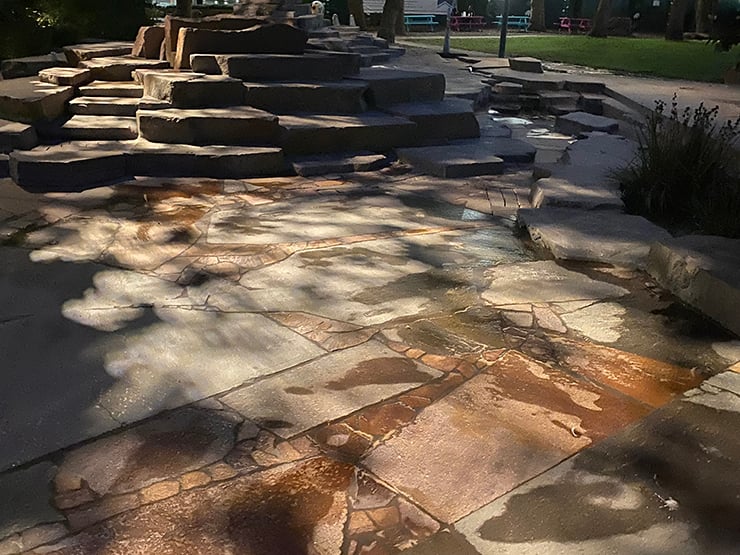Exterior gobo projections enhance the stone formations at Elephant Springs.