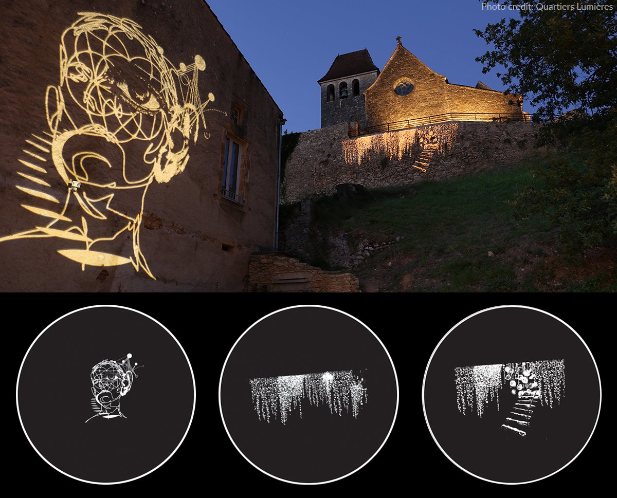 Image Spots project gobo images onto the castle walls.