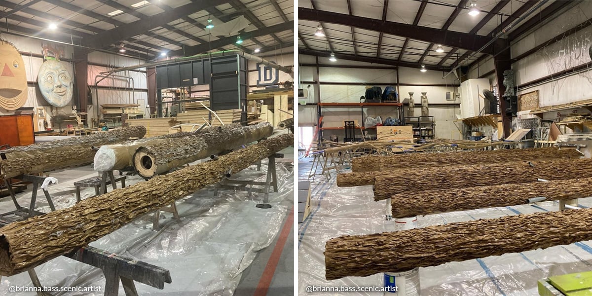 Large tree trunks created using papier‑mâché techniques and Rosco FlexBond.