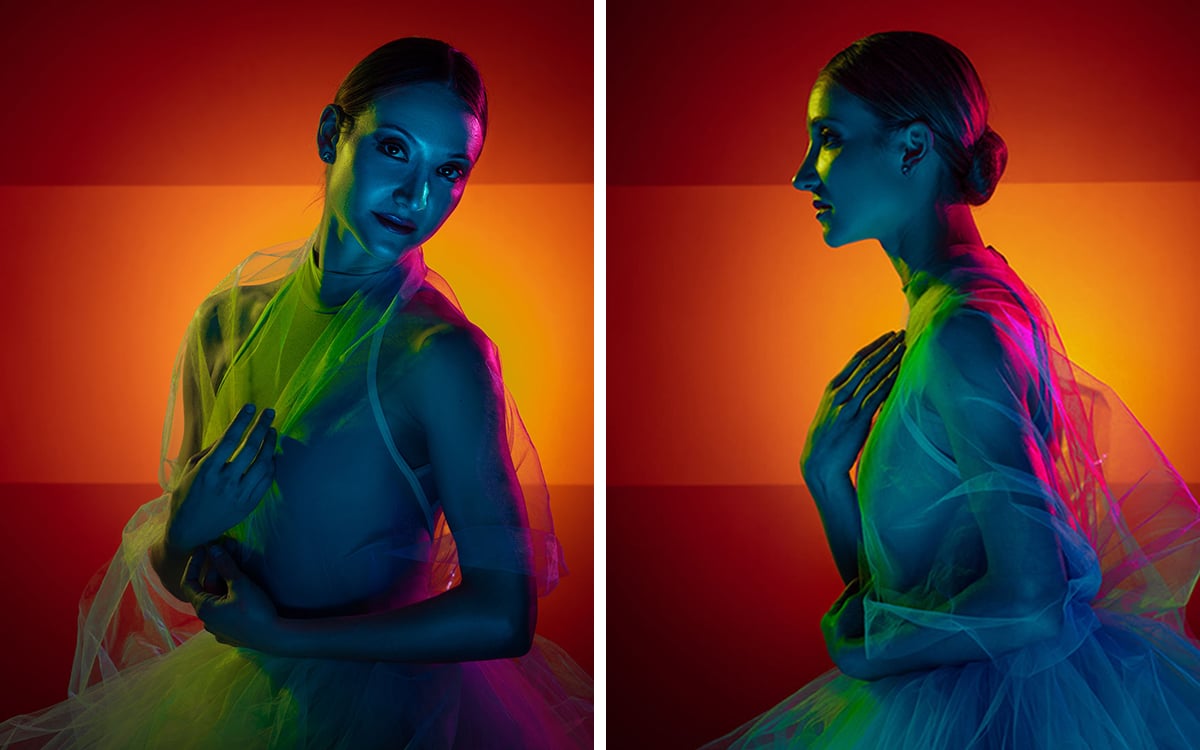 Ballet dancer lit with contrasting colors.