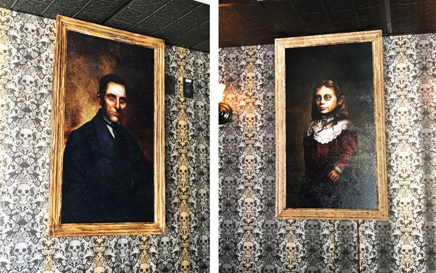 Haunted portrait scenic painting created using Rosco Crystal Gel and video monitors to produce a ghostly animated effects.