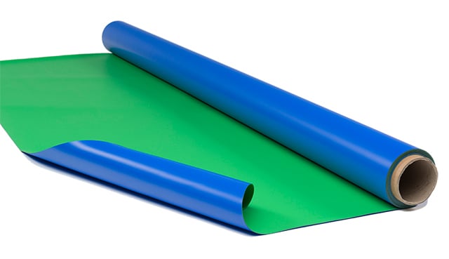 Reversible chroma floor material with blue on one side and green on the other